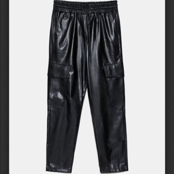 Black Zara Faux Leather Elastic Drawstring Waist Cargo Jogger Pants (NWT) - Picture 6 of 6
